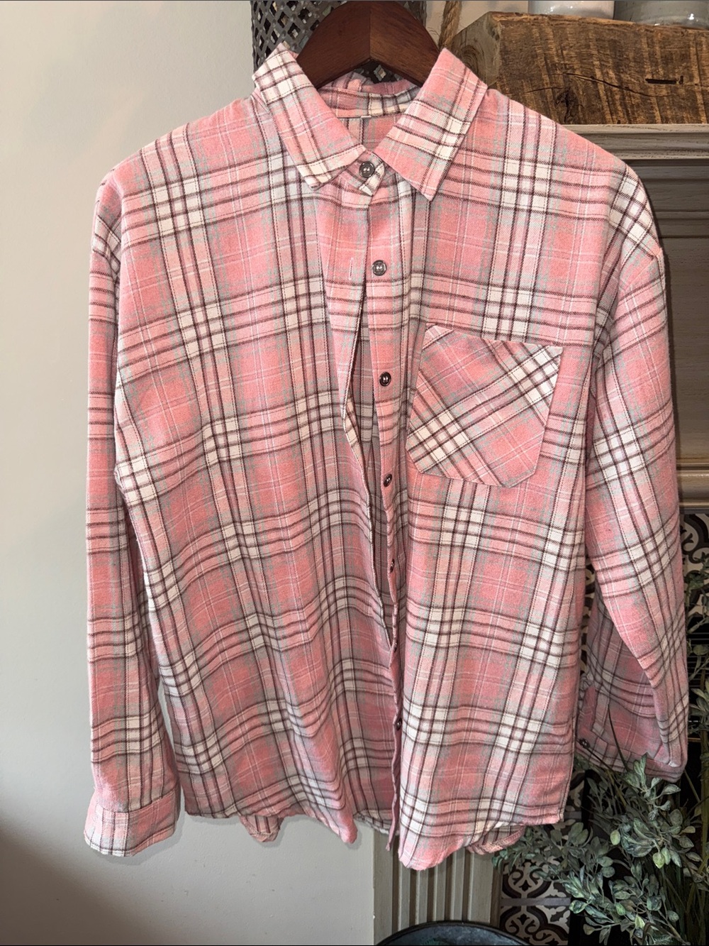 Women’s Pink Plaid Button-Down Shirt - Casual Flannel Collared Top
